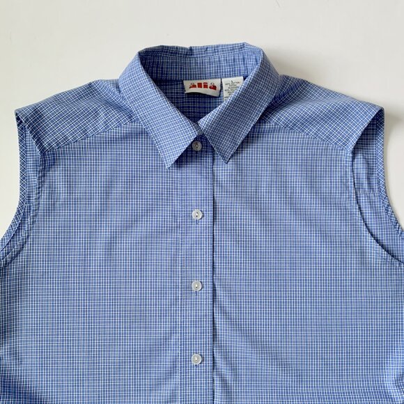 Vintage Alia Sleeveless Button Up Plaid Dress Shirt Blue Coastal Grandma Preppy - Picture 4 of 10